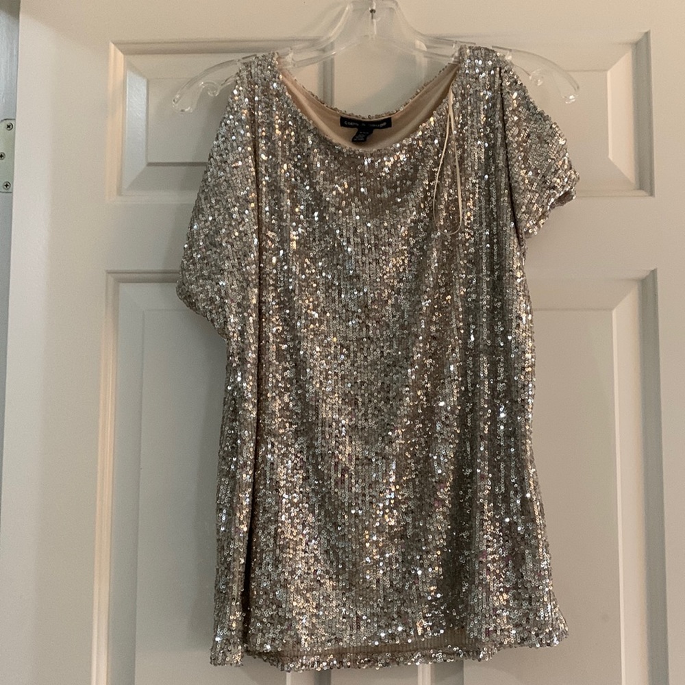 Brand new never worn Champagne colored sequin dress top~ peep hole shoulders